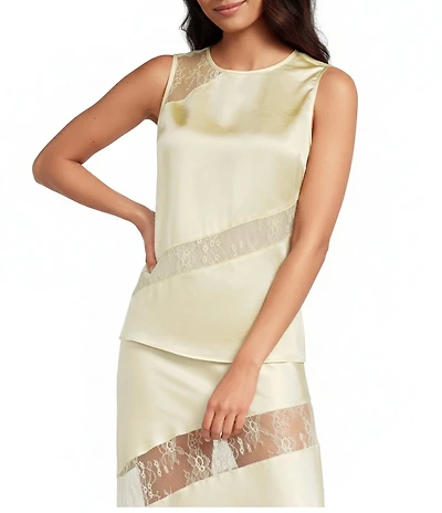 A.Ren Sabrin Crew Neckline Sleeveless Asymmetrical Lace Design Coordinating Satin Top