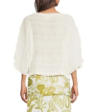 A.Ren Thea Smocked and Ruffle Boat Neck Quarter Sleeve Woven Top