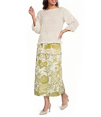 A.Ren Thea Smocked and Ruffle Boat Neck Quarter Sleeve Woven Top