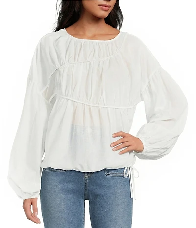 A.Ren Tropez Linen Blend Shirred Crew Neck Long Balloon Sleeve Top