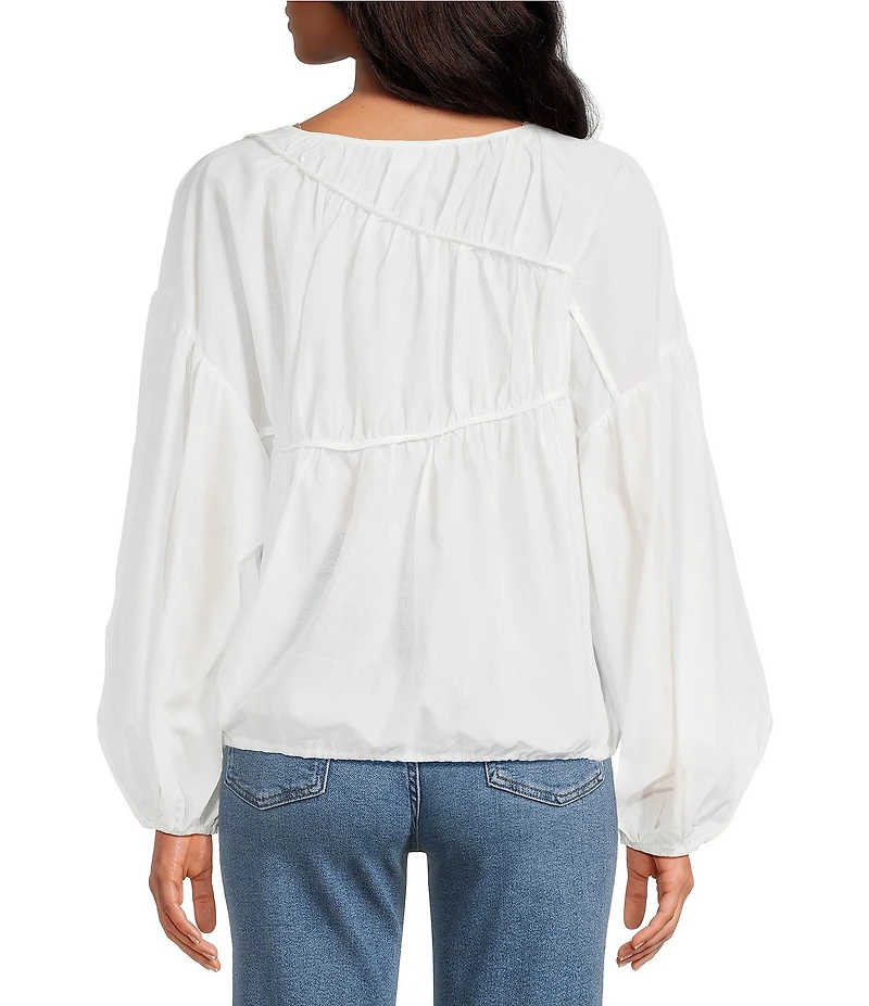 A.Ren Tropez Linen Blend Shirred Crew Neck Long Balloon Sleeve Top