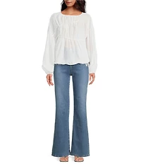 A.Ren Tropez Linen Blend Shirred Crew Neck Long Balloon Sleeve Top