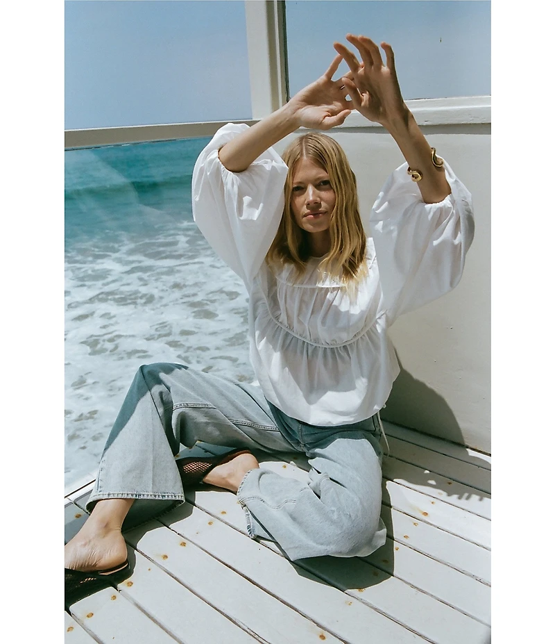 A.Ren Tropez Linen Blend Shirred Crew Neck Long Balloon Sleeve Top