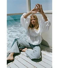 A.Ren Tropez Linen Blend Shirred Crew Neck Long Balloon Sleeve Top