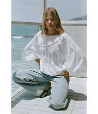 A.Ren Tropez Linen Blend Shirred Crew Neck Long Balloon Sleeve Top