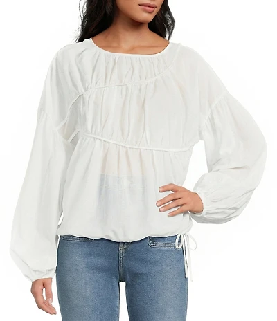 A.Ren Tropez Linen Blend Shirred Crew Neck Long Balloon Sleeve Top