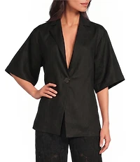 A.Ren Winslet Collared V-Neck Short Sleeve Button Front Linen Shirt