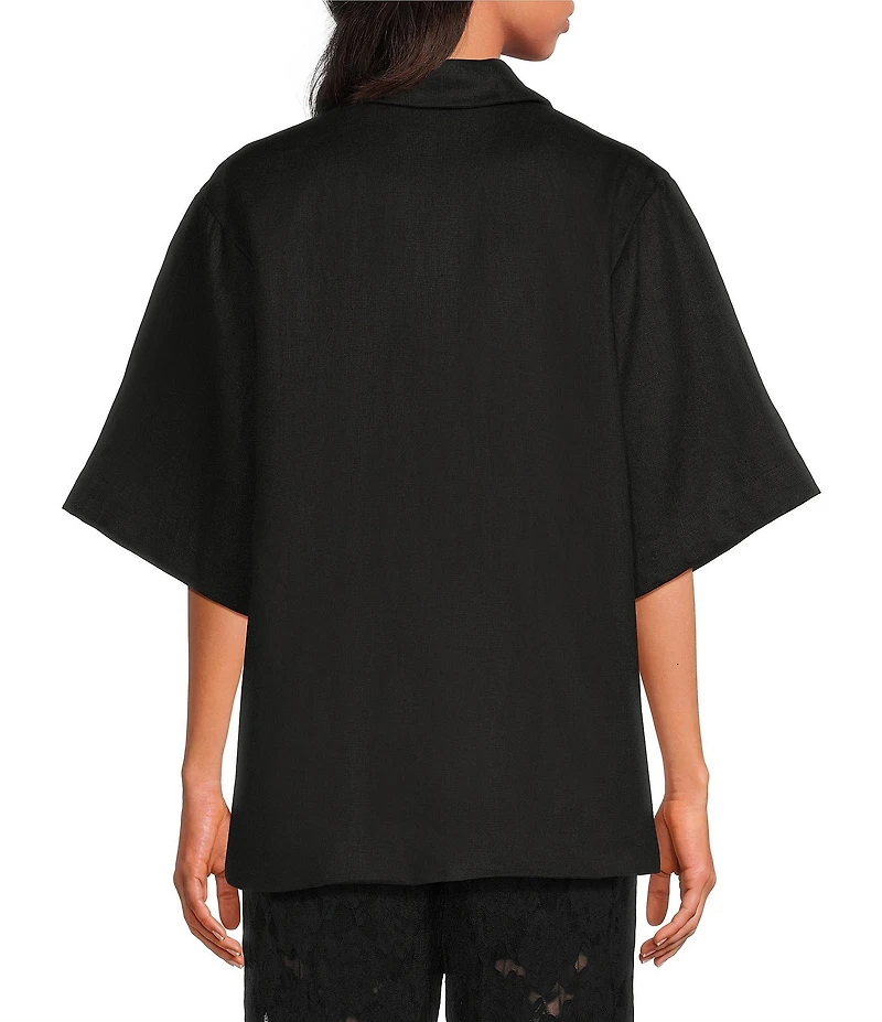 A.Ren Winslet Collared V-Neck Short Sleeve Button Front Linen Shirt