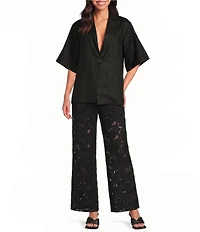 A.Ren Winslet Collared V-Neck Short Sleeve Button Front Linen Shirt