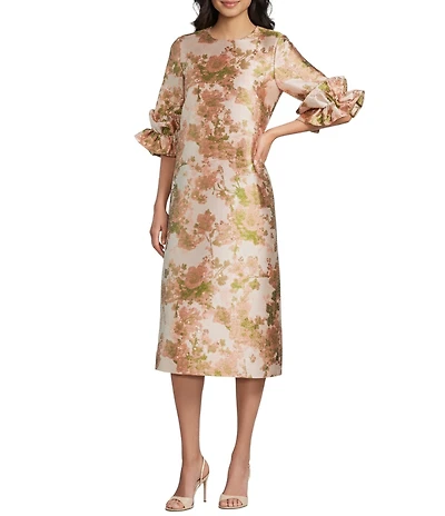 Abbey Glass Bronwyn Floral Jacquard Crew Neckline 3/4 Ruffle Cuff Sleeve Shift Midi Dress