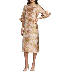 Abbey Glass Bronwyn Floral Jacquard Crew Neckline 3/4 Ruffle Cuff Sleeve Shift Midi Dress