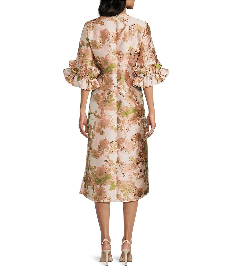 Abbey Glass Bronwyn Floral Jacquard Crew Neckline 3/4 Ruffle Cuff Sleeve Shift Midi Dress