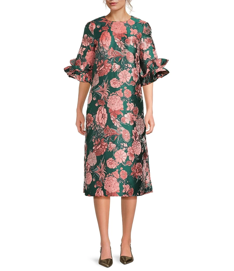 Abbey Glass Bronwyn Jacquard Ruffle Crew Neckline 3/4 Sleeve Shift Maxi Dress