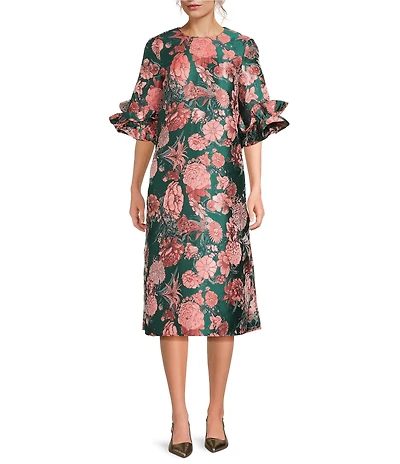 Abbey Glass Bronwyn Jacquard Ruffle Crew Neckline 3/4 Sleeve Shift Maxi Dress