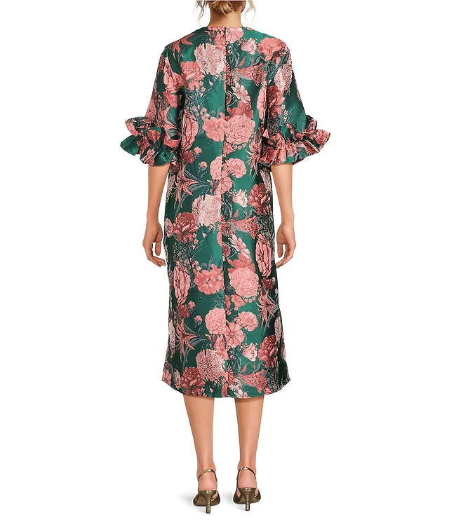 Abbey Glass Bronwyn Jacquard Ruffle Crew Neckline 3/4 Sleeve Shift Midi  Dress | Liberty Center