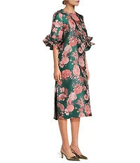 Abbey Glass Bronwyn Jacquard Ruffle Crew Neckline 3/4 Sleeve Shift Maxi Dress