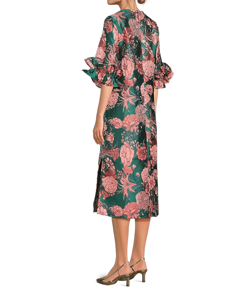Abbey Glass Bronwyn Jacquard Ruffle Crew Neckline 3/4 Sleeve Shift Maxi Dress