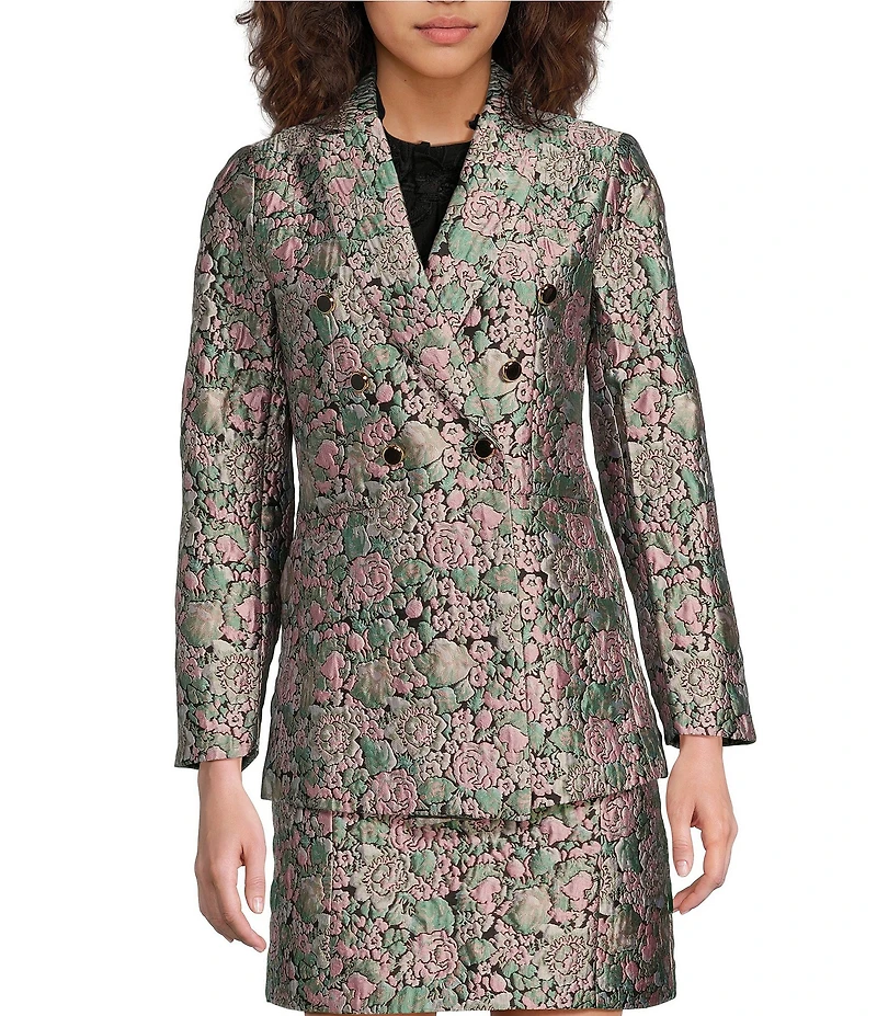 Abbey Glass Calvin Floral Jacquard Notch Lapel Long Sleeve Button Front Double Breasted Coordinating Blazer