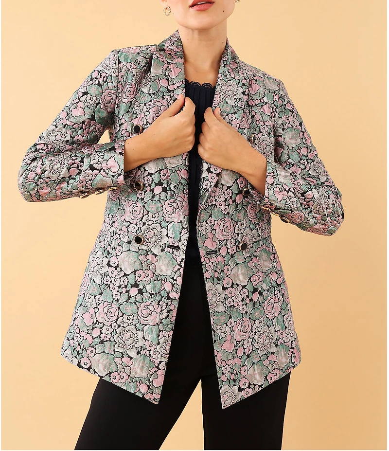 Abbey Glass Calvin Floral Jacquard Notch Lapel Long Sleeve Button Front Double Breasted Coordinating Blazer