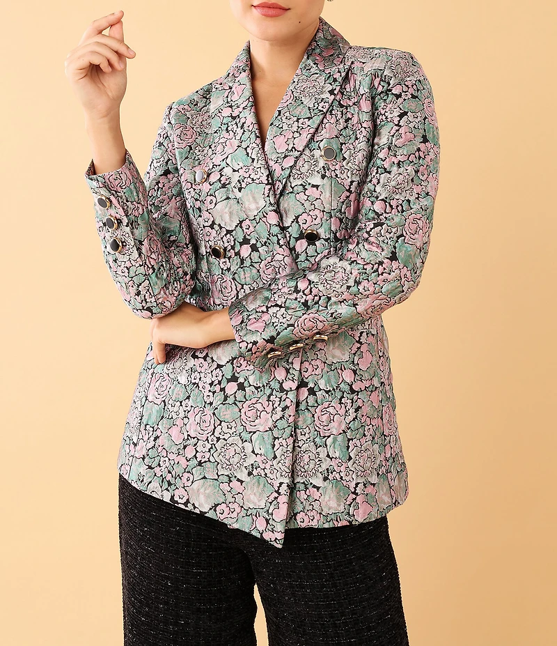 Abbey Glass Calvin Floral Jacquard Notch Lapel Long Sleeve Button Front Double Breasted Coordinating Blazer
