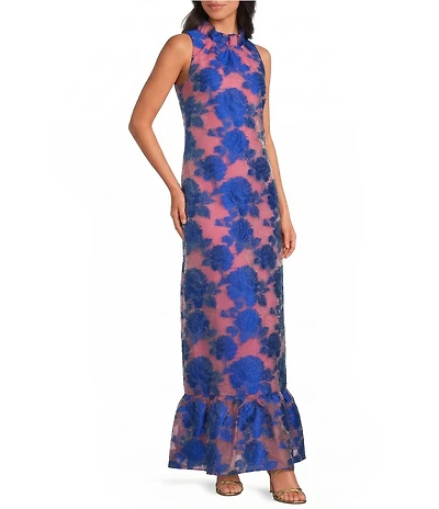 Abbey Glass Camille Flower Print Ruffle Mock Neck Sleeveless Gown