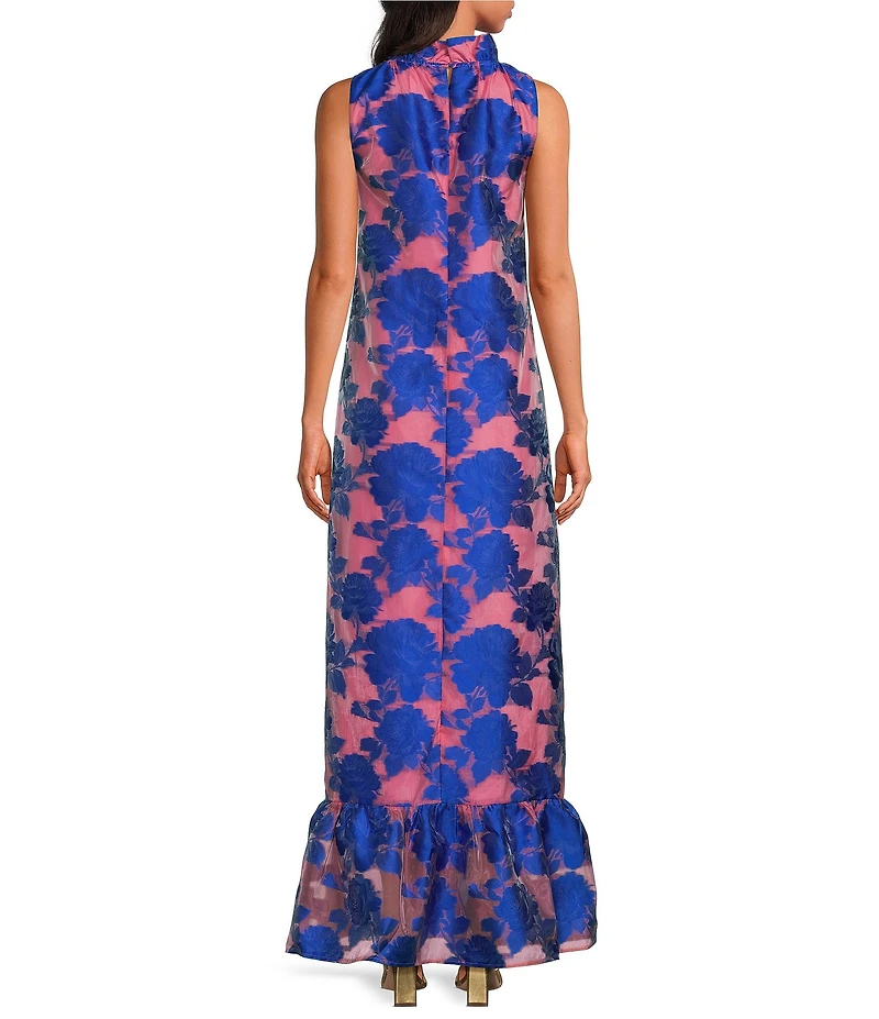 Abbey Glass Camille Flower Print Ruffle Mock Neck Sleeveless Gown