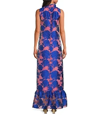 Abbey Glass Camille Flower Print Ruffle Mock Neck Sleeveless Gown