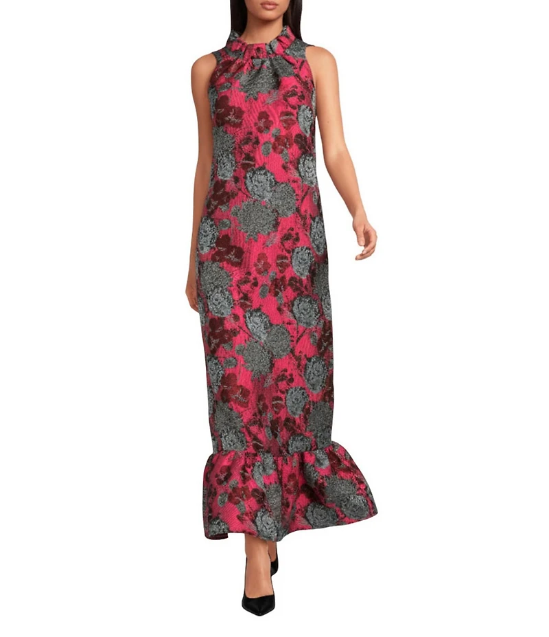 Abbey Glass Camille Flower Sequin Lace Ruffle Mock Neck Sleeveless Gown