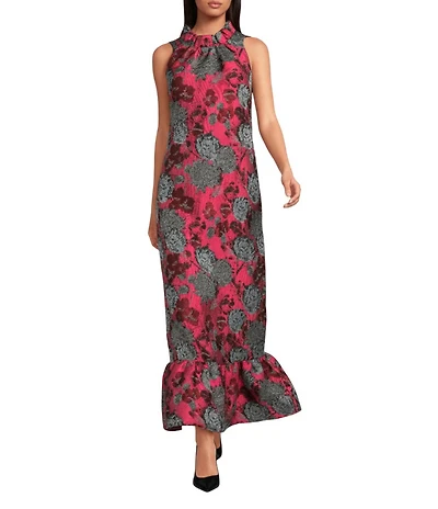 Abbey Glass Camille Flower Sequin Lace Ruffle Mock Neck Sleeveless Gown