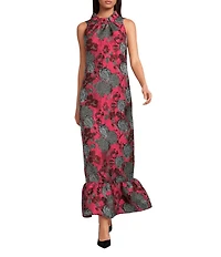 Abbey Glass Camille Flower Sequin Lace Ruffle Mock Neck Sleeveless Gown