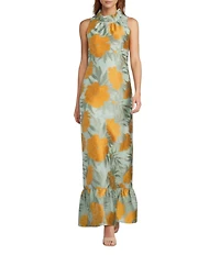 Abbey Glass Camille Flower Sequin Ruffle Mock Neck Sleeveless Gown