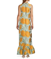 Abbey Glass Camille Flower Sequin Ruffle Mock Neck Sleeveless Gown