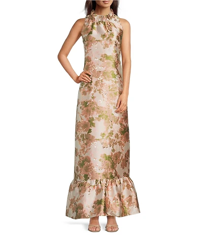 Abbey Glass Camille Flower Sequin Ruffle Mock Neck Sleeveless Gown