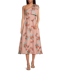 Abbey Glass Caroline Asymmetrical Neck Sleeveless Bow One Shoulder Bow Organza Jacquard Pocketed A-Line Dress