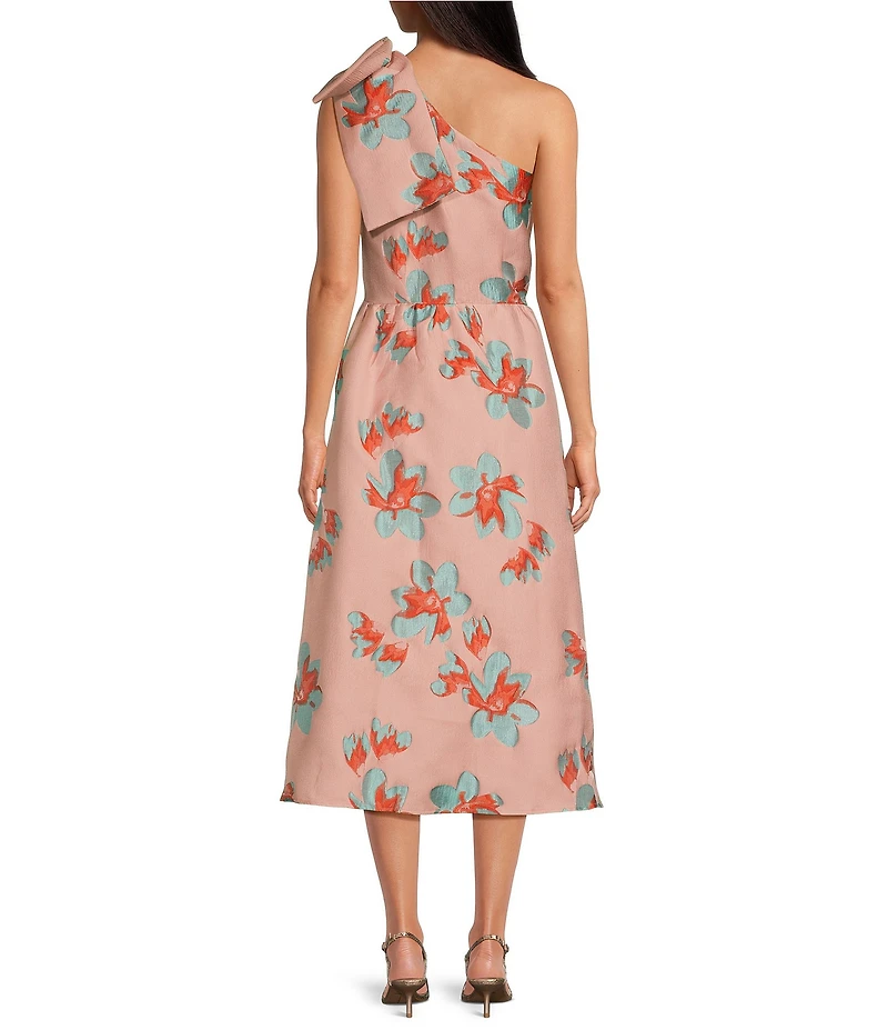 Abbey Glass Caroline Asymmetrical Neck Sleeveless Bow One Shoulder Bow Organza Jacquard Pocketed A-Line Dress