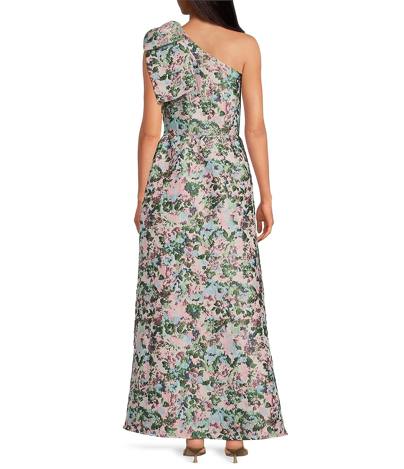 Abbey Glass Caroline Asymmetrical Neck Sleeveless Bow One Shoulder Bow Floral Jacquard Pocketed A-Line Dress
