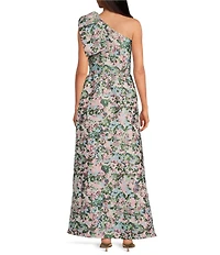 Abbey Glass Caroline Asymmetrical Neck Sleeveless Bow One Shoulder Bow Floral Jacquard Pocketed A-Line Dress