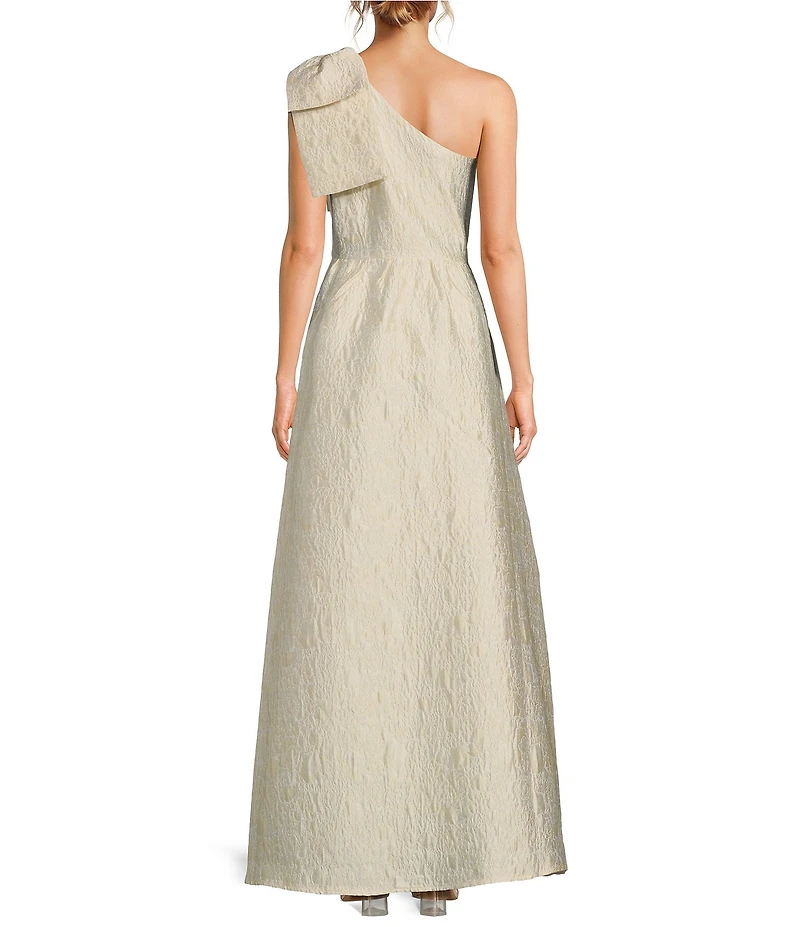 Abbey Glass Caroline Asymmetrical Neck Sleeveless Bow One Shoulder Bow Jacquard Pocketed A-Line Gown