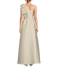 Abbey Glass Caroline Asymmetrical Neck Sleeveless Bow One Shoulder Bow Jacquard Pocketed A-Line Gown
