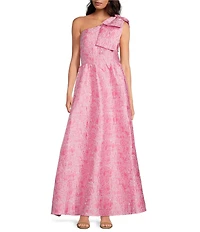 Abbey Glass Caroline Asymmetrical Neck Sleeveless Bow One Shoulder Bow Jacquard Pocketed A-Line Gown