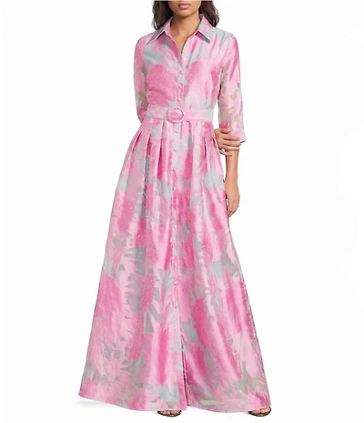 Abbey Glass Ceceilia Organza Floral Print Collared Neckline 3/4 Button Cuff Sleeve A-Line Gown