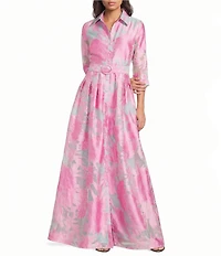 Abbey Glass Ceceilia Organza Floral Print Collared Neckline 3/4 Button Cuff Sleeve A-Line Gown
