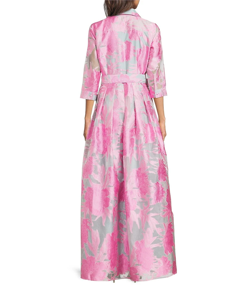 Abbey Glass Ceceilia Organza Floral Print Collared Neckline 3/4 Button Cuff Sleeve A-Line Gown
