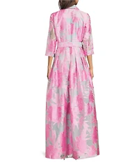 Abbey Glass Ceceilia Organza Floral Print Collared Neckline 3/4 Button Cuff Sleeve A-Line Gown