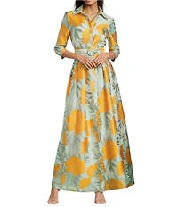 Abbey Glass Ceceilia Organza Floral Print Collared Neckline 3/4 Button Cuff Sleeve A-Line Gown