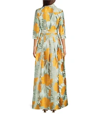 Abbey Glass Ceceilia Organza Floral Print Collared Neckline 3/4 Button Cuff Sleeve A-Line Gown