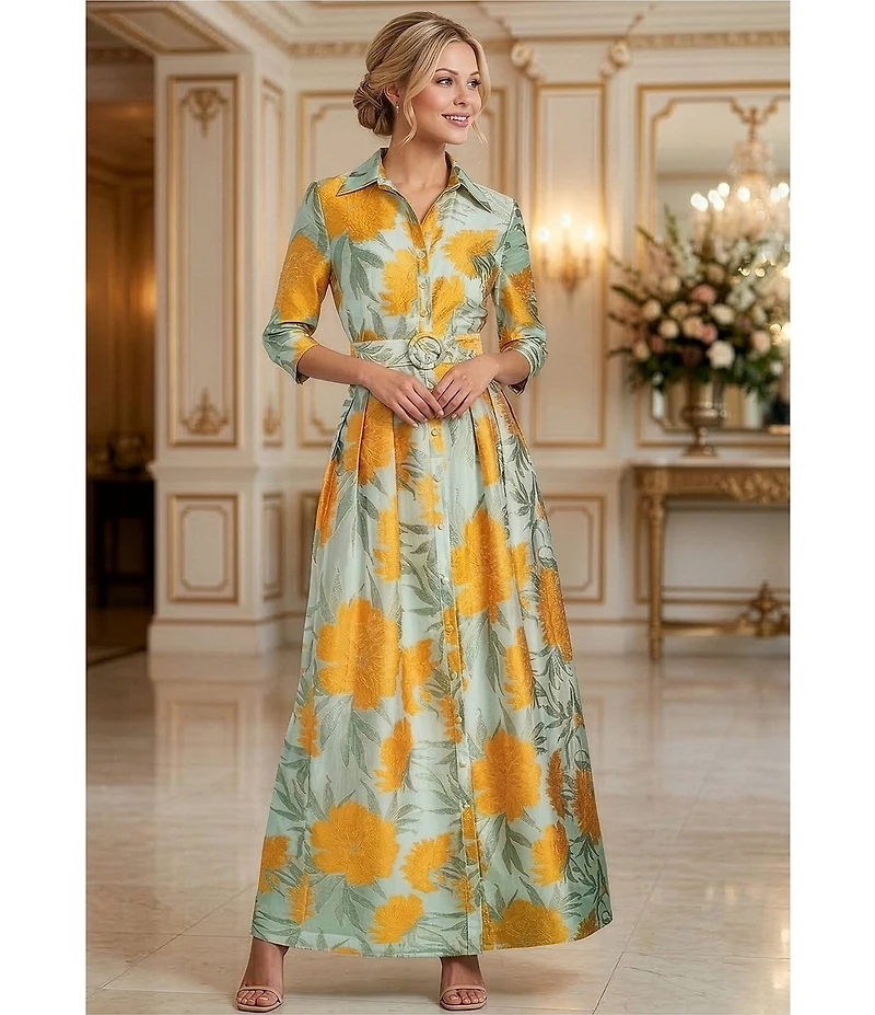 Abbey Glass Ceceilia Organza Floral Print Collared Neckline 3/4 Button Cuff Sleeve A-Line Gown