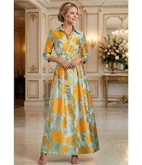 Abbey Glass Ceceilia Organza Floral Print Collared Neckline 3/4 Button Cuff Sleeve A-Line Gown