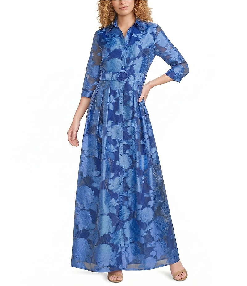 Abbey Glass Ceceilia Organza Floral Print Collared Neckline 3/4 Button Cuff Sleeve A-Line Gown