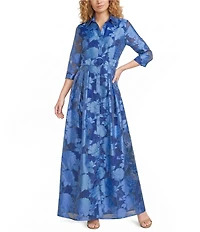 Abbey Glass Ceceilia Organza Floral Print Collared Neckline 3/4 Button Cuff Sleeve A-Line Gown